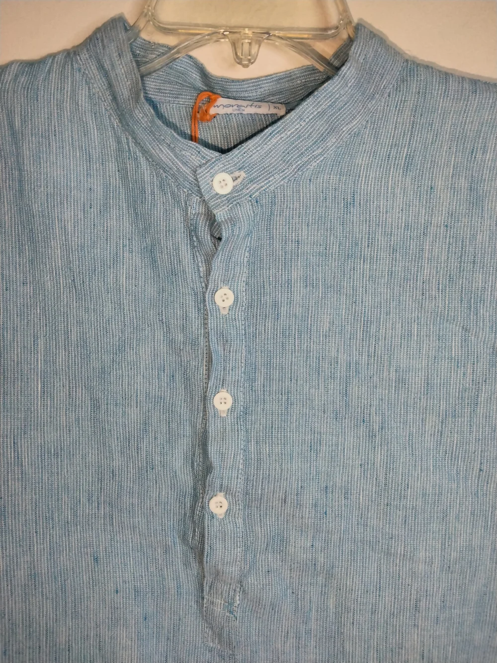Moraitis Linen (Size XL) Men's Light Blue Linen Button Henley LS Popover Shirt